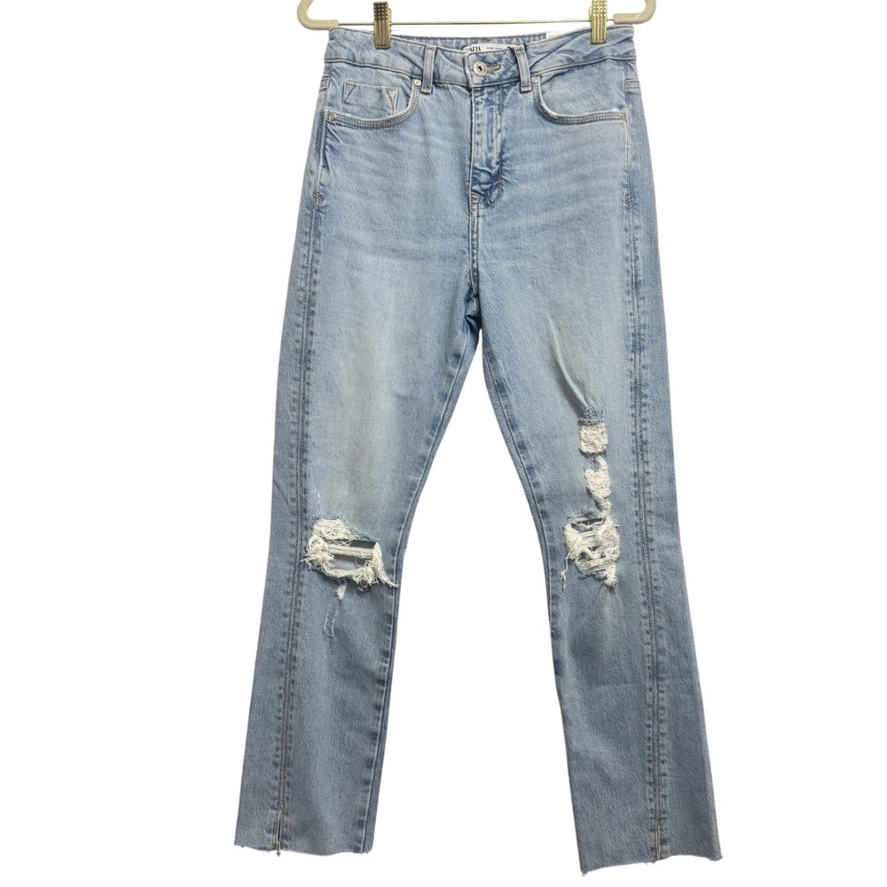 Zara Slim Fit Jeans Women 4 Light Blue NEW High Rise Distressed Cropped 6164/064 - Picture 2 of 11